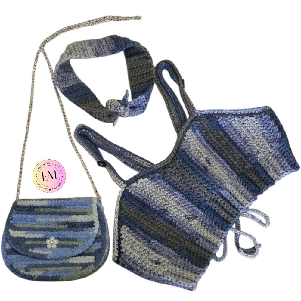 Multi Blues Crochet Bralette/Headband Set, Large-XL, Adjustable Strap, Handmade